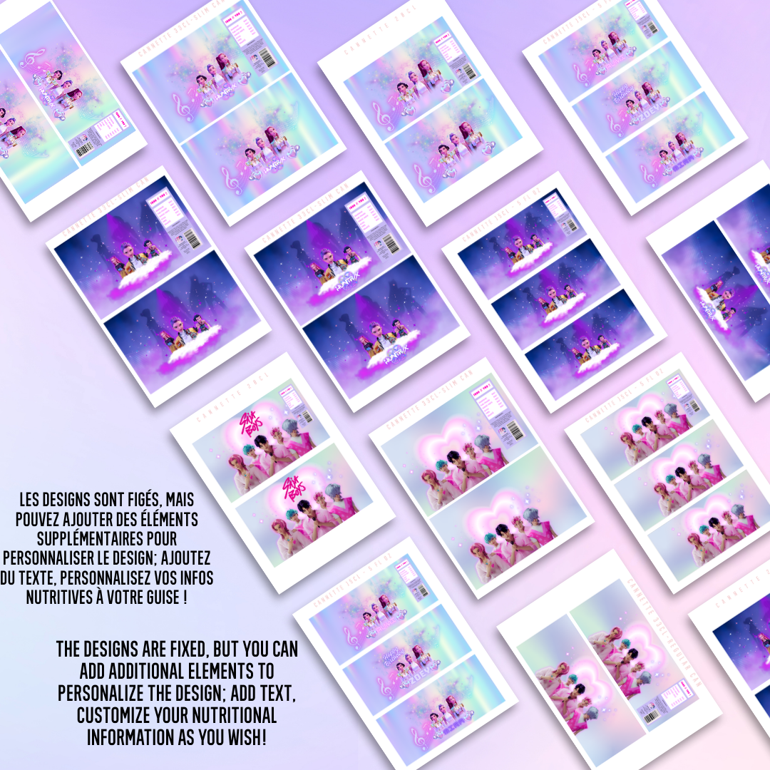 Pack de Templates d'étiquettes de Canettes K-POP sur canva | 32 Modèles | 3 Tailles (15cl, 20cl, 33cl) | Personnalisation Express