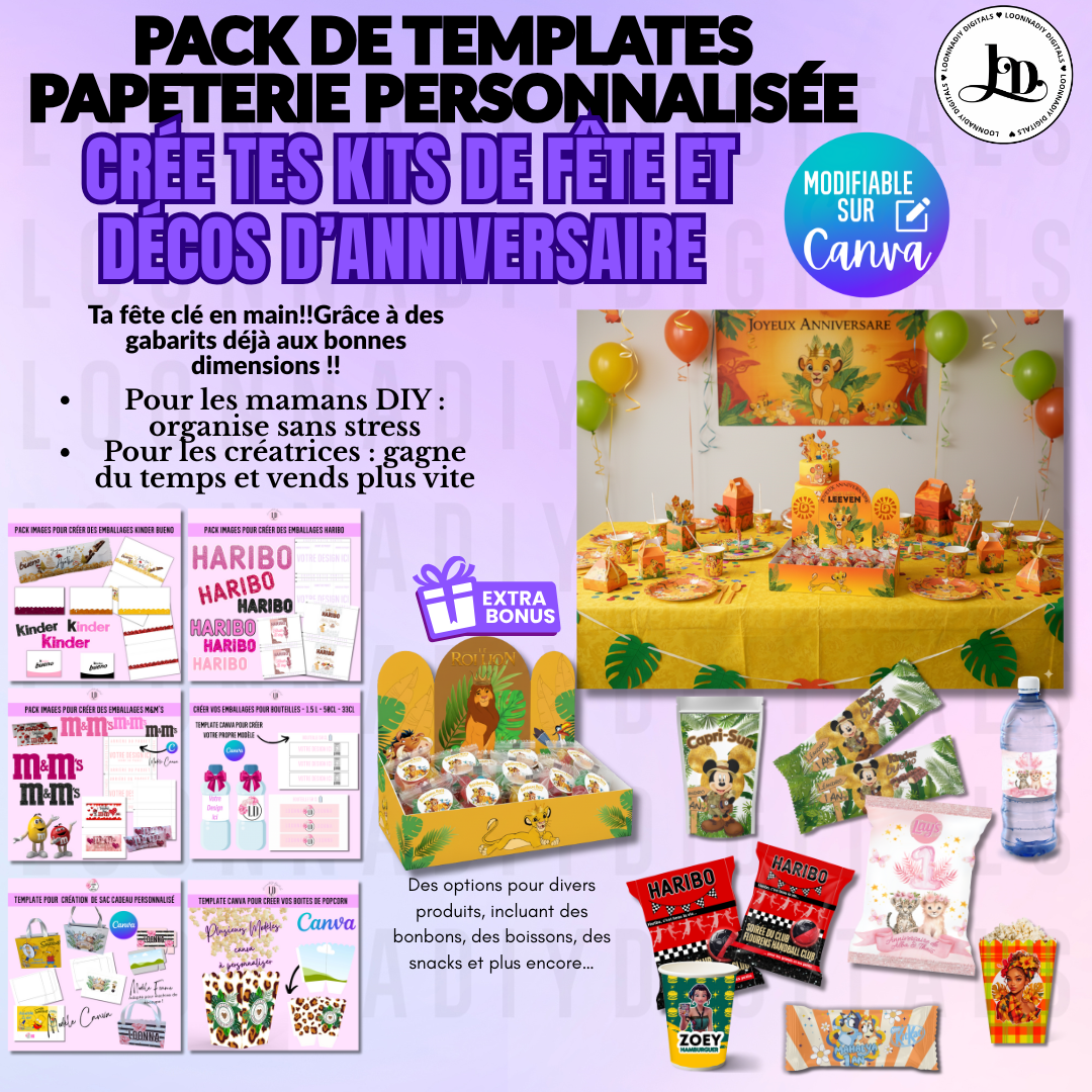 Maxi Pack templates Canva Sweet Table & Papeterie Personnalisée - Kit Complet Anniversaire