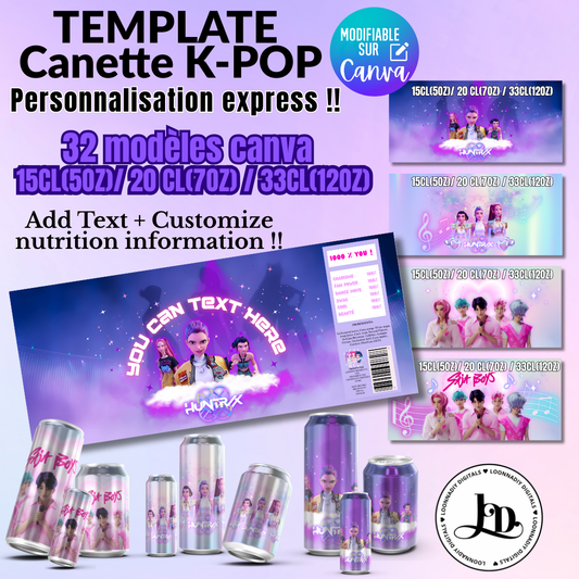 Pack de Templates d'étiquettes de Canettes K-POP sur canva | 32 Modèles | 3 Tailles (15cl, 20cl, 33cl) | Personnalisation Express