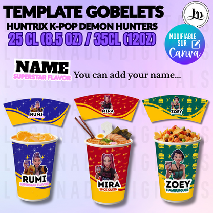 Template gobelets Huntix K-pop demon hunters - Déco anniversaire - Inspired Cup Noodle Labels Ramyeon - 25cl (9oz)/ 35cl (12oz)