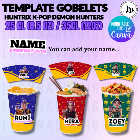 Template gobelets Huntix K-pop demon hunters - Déco anniversaire - Inspired Cup Noodle Labels Ramyeon - 25cl (9oz)/ 35cl (12oz)