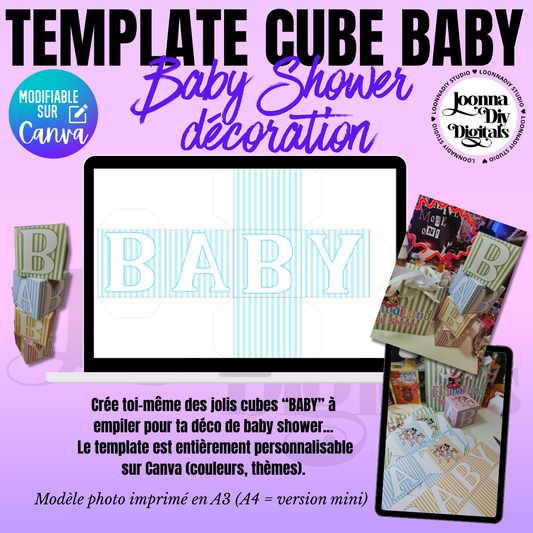 Template Cube Personnalisable “BABY” – Décoration de Baby Shower à Imprimer (Canva)