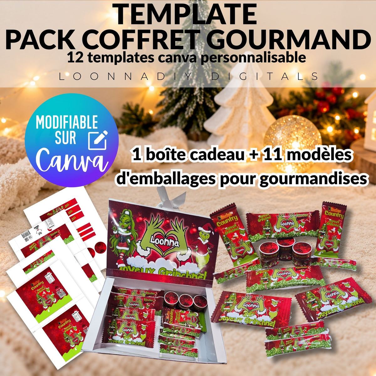 Pack Coffret Gourmand - 12 templates papeterie personnalisée - Boîte cadeau + gourmandises