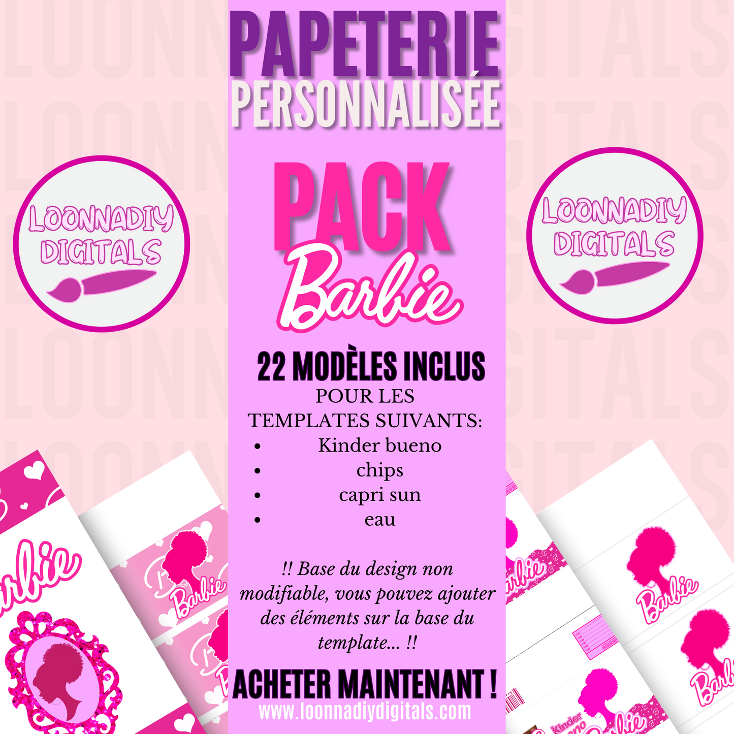 Template papeterie personalisée Barbie - Bueno/Capri-sun/Chips/eau