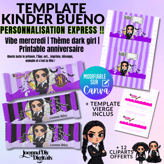 Template Kinder Bueno personnalisé – Thème gothique | Vibe mercredi | Printable anniversaire | Canva  template | Étiquette à imprimer