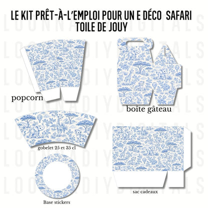 Safari Toile de Jouy Party Favor Templates | Blue Baby Shower & Christening Printable Bundle | Editable Canva Treat Packaging - papeterie personnalisée