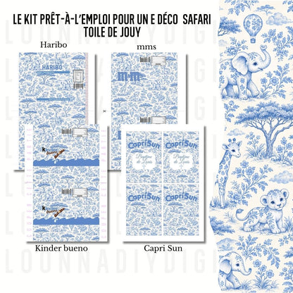 Safari Toile de Jouy Party Favor Templates | Blue Baby Shower & Christening Printable Bundle | Editable Canva Treat Packaging - papeterie personnalisée