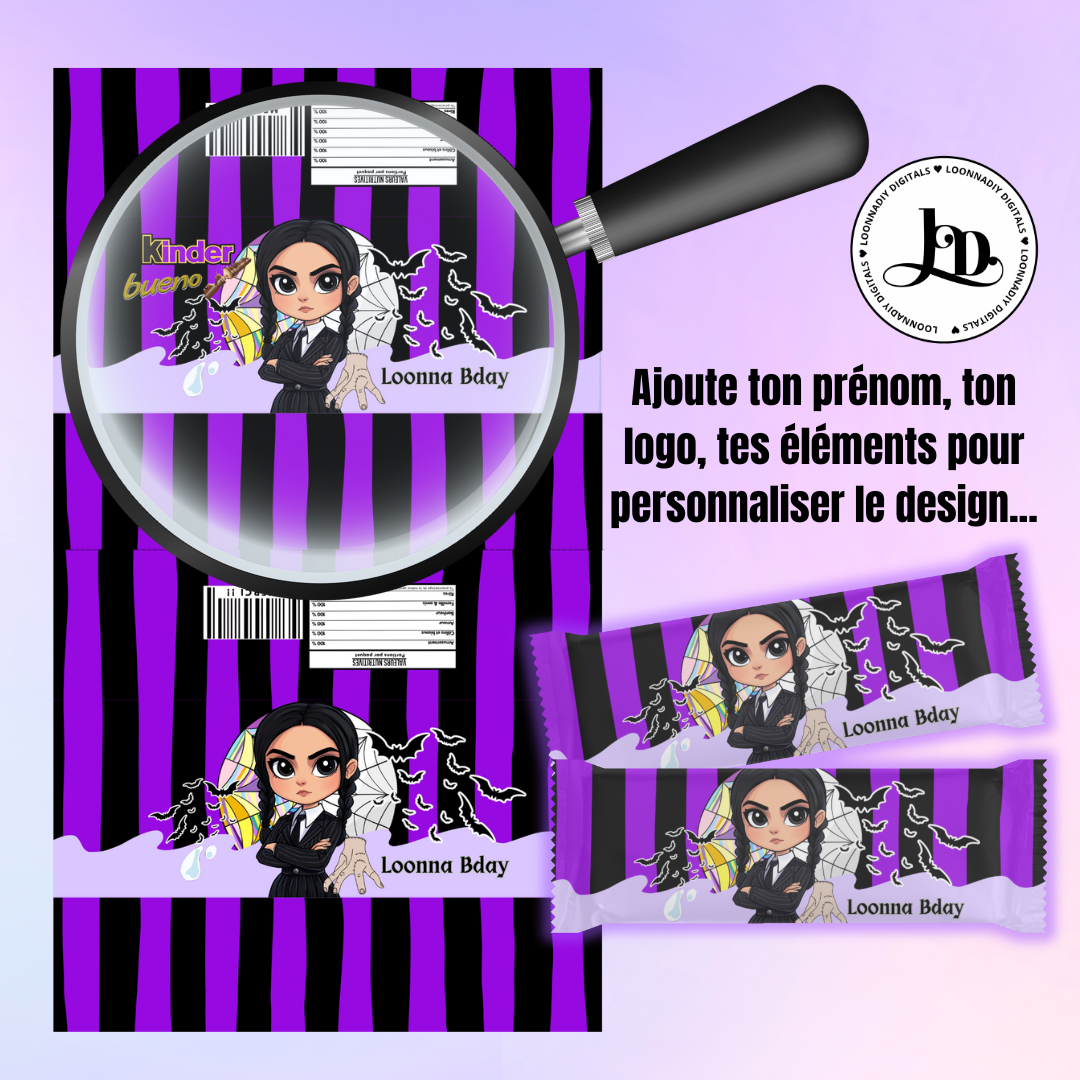 Template Kinder Bueno personnalisé – Thème gothique | Vibe mercredi | Printable anniversaire | Canva  template | Étiquette à imprimer