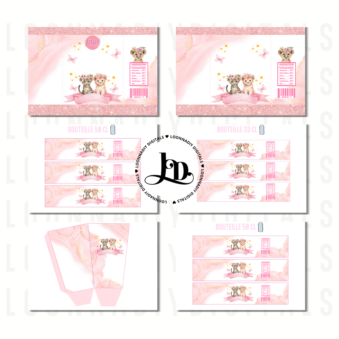 Pink Safari – Pack de fête papeterie personnalisée - Déco anniversaire/baby shower