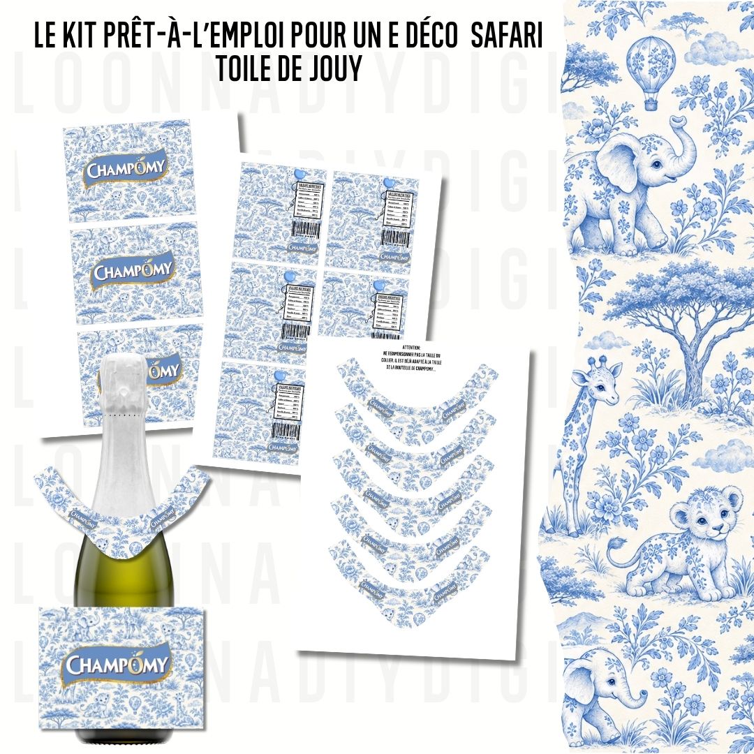 Safari Toile de Jouy Party Favor Templates | Blue Baby Shower & Christening Printable Bundle | Editable Canva Treat Packaging - papeterie personnalisée