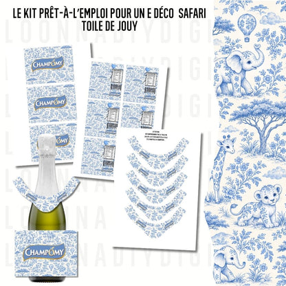 Safari Toile de Jouy Party Favor Templates | Blue Baby Shower & Christening Printable Bundle | Editable Canva Treat Packaging - papeterie personnalisée