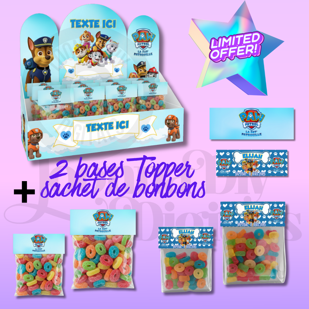 Kit Papeterie Personnalisée Pat Patrouille – Plateau déco + Topper sachet de bonbon - Offre limitée