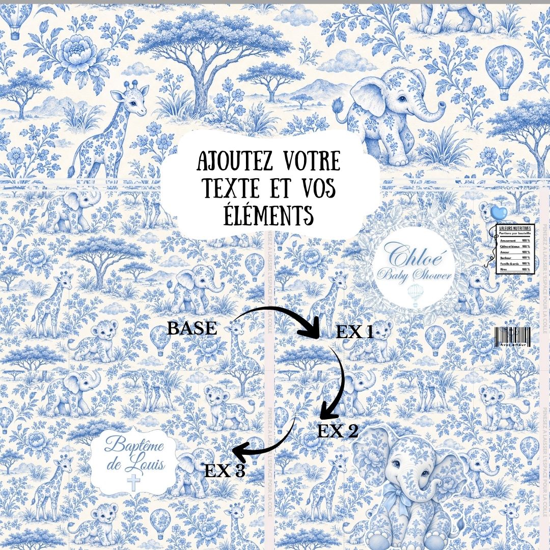 Safari Toile de Jouy Party Favor Templates | Blue Baby Shower & Christening Printable Bundle | Editable Canva Treat Packaging - papeterie personnalisée