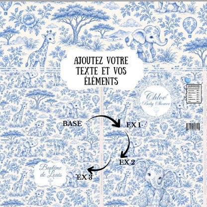 Safari Toile de Jouy Party Favor Templates | Blue Baby Shower & Christening Printable Bundle | Editable Canva Treat Packaging - papeterie personnalisée