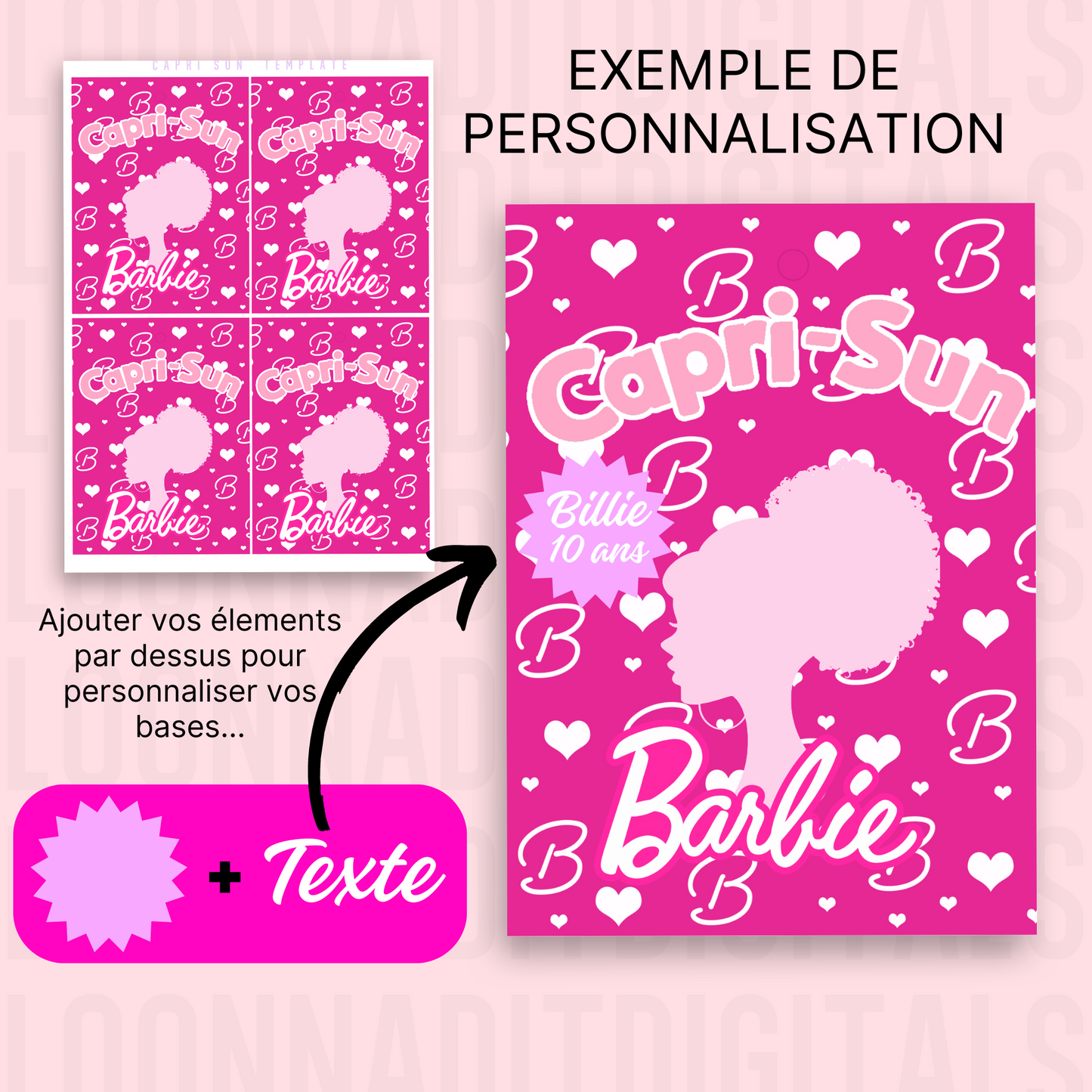 Template papeterie personalisée Barbie - Bueno/Capri-sun/Chips/eau