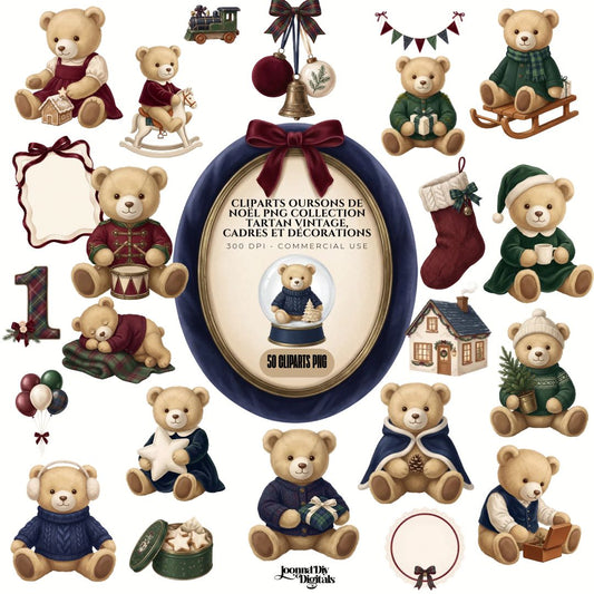 Cliparts oursons de Noël PNG – Collection tartan vintage, cadres et décorations - 50 PNG