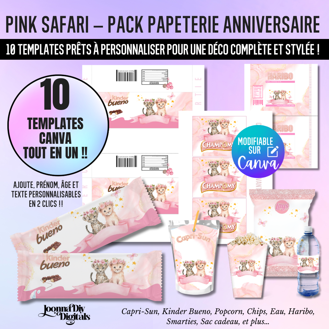 Pink Safari – Pack de fête papeterie personnalisée - Déco anniversaire/baby shower