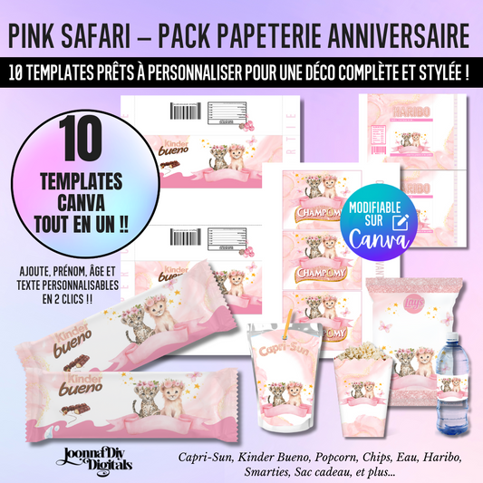 Pink Safari – Pack de fête papeterie personnalisée - Déco anniversaire/baby shower