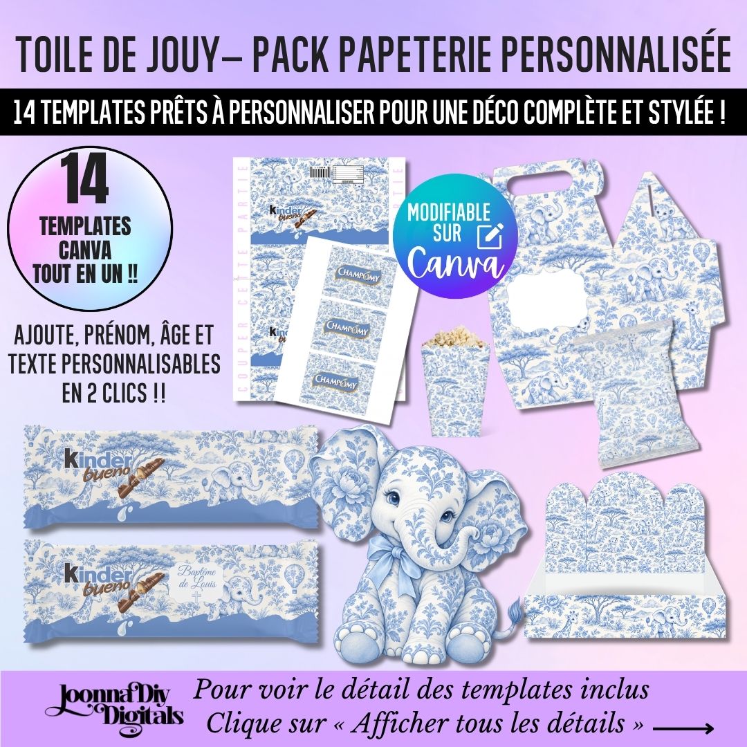 Safari Toile de Jouy Party Favor Templates | Blue Baby Shower & Christening Printable Bundle | Editable Canva Treat Packaging - papeterie personnalisée