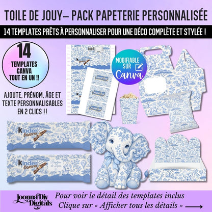 Safari Toile de Jouy Party Favor Templates | Blue Baby Shower & Christening Printable Bundle | Editable Canva Treat Packaging - papeterie personnalisée