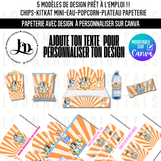 Pack Papeterie Bluey à personnaliser – Kit Anniversaire prêt à imprimer sur Canva (Chips, Popcorn, Eau, KitKat, Plateau)